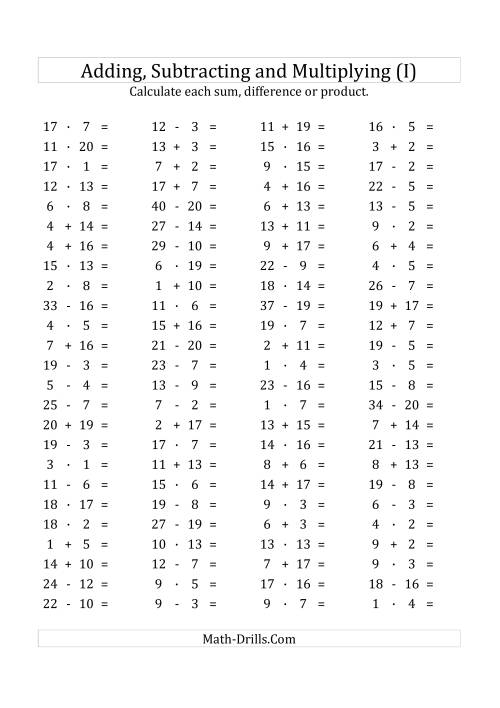The 100 Horizontal Addition/Subtraction/Multiplication Questions (Facts 1 to 20) Euro Format (I) Math Worksheet