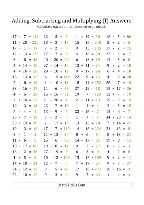The 100 Horizontal Addition/Subtraction/Multiplication Questions (Facts 1 to 20) Euro Format (I) Math Worksheet Page 2