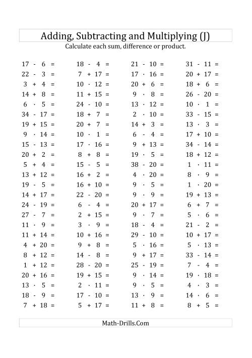The 100 Horizontal Addition/Subtraction/Multiplication Questions (Facts 1 to 20) Euro Format (J) Math Worksheet