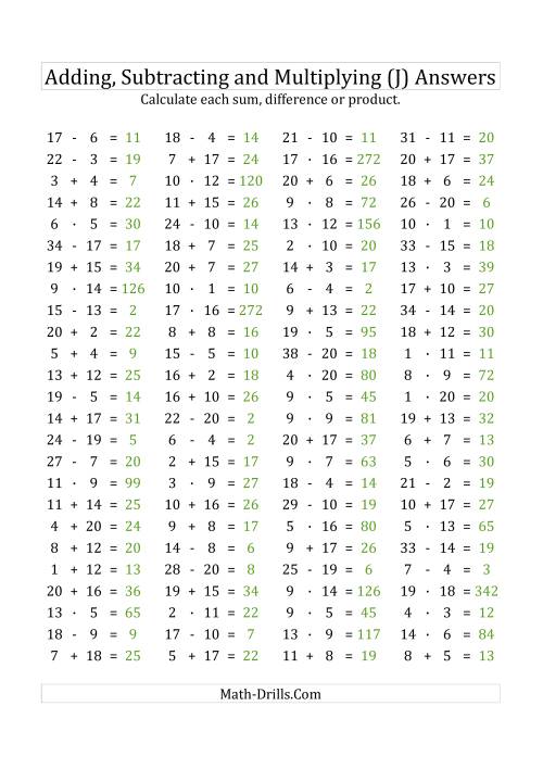 The 100 Horizontal Addition/Subtraction/Multiplication Questions (Facts 1 to 20) Euro Format (J) Math Worksheet Page 2
