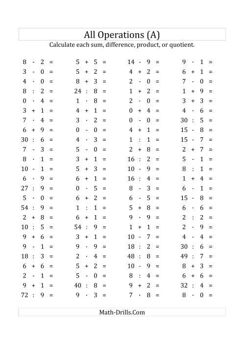 The 100 Horizontal Mixed Operations Questions (Facts 0 to 9) Euro Format (A) Math Worksheet