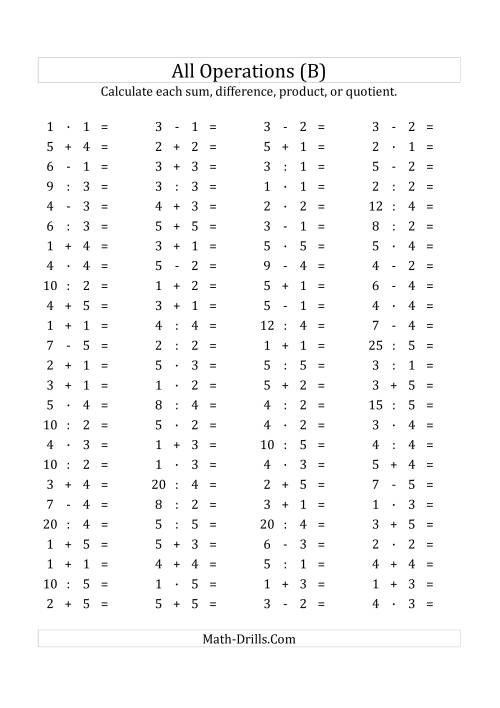 The 100 Horizontal Mixed Operations Questions (Facts 1 to 5) Euro Format (B) Math Worksheet