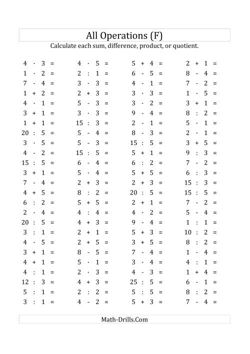 The 100 Horizontal Mixed Operations Questions (Facts 1 to 5) Euro Format (F) Math Worksheet