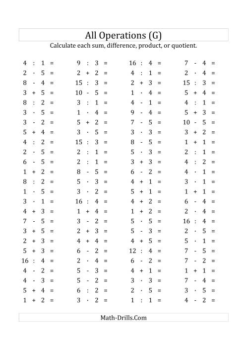 The 100 Horizontal Mixed Operations Questions (Facts 1 to 5) Euro Format (G) Math Worksheet