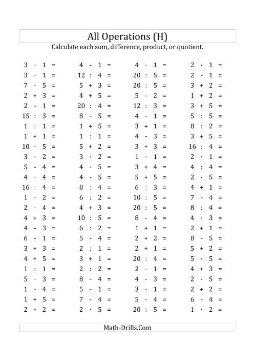 The 100 Horizontal Mixed Operations Questions (Facts 1 to 5) Euro Format (H) Math Worksheet