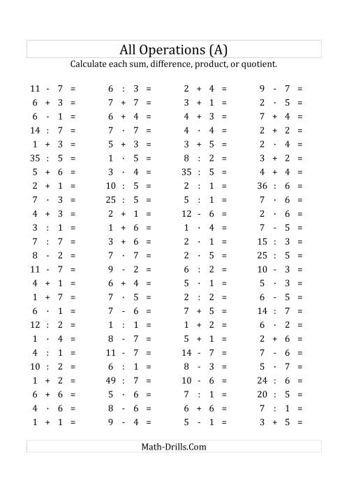 The 100 Horizontal Mixed Operations Questions (Facts 1 to 7) Euro Format (A) Math Worksheet