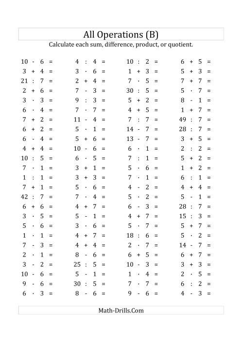 The 100 Horizontal Mixed Operations Questions (Facts 1 to 7) Euro Format (B) Math Worksheet