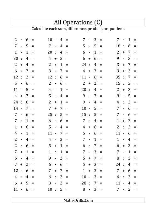 The 100 Horizontal Mixed Operations Questions (Facts 1 to 7) Euro Format (C) Math Worksheet