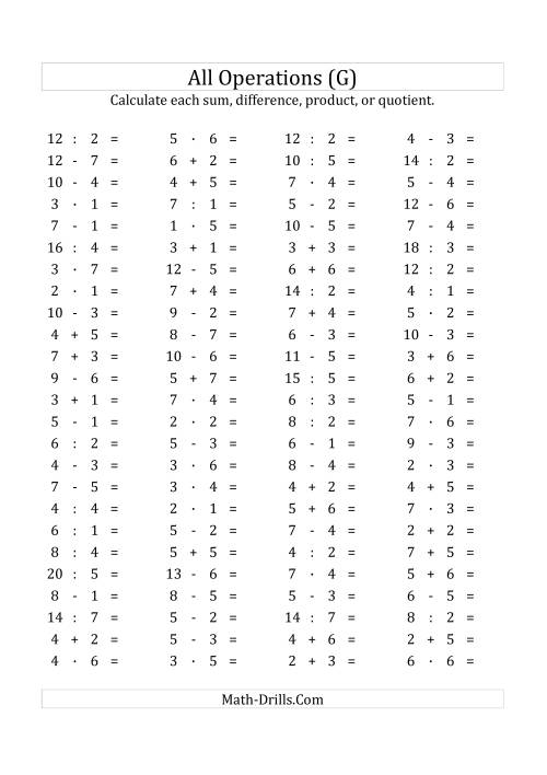 The 100 Horizontal Mixed Operations Questions (Facts 1 to 7) Euro Format (G) Math Worksheet
