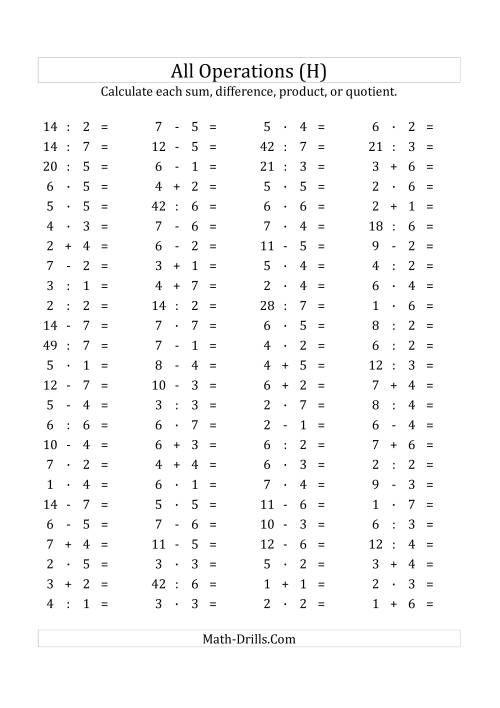 The 100 Horizontal Mixed Operations Questions (Facts 1 to 7) Euro Format (H) Math Worksheet