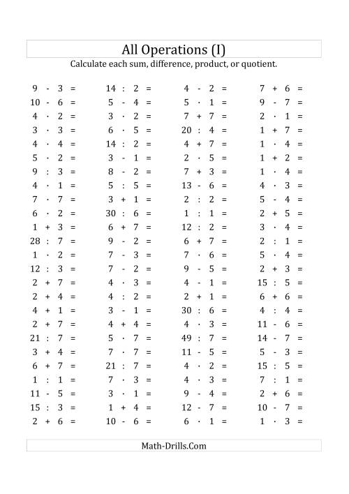 The 100 Horizontal Mixed Operations Questions (Facts 1 to 7) Euro Format (I) Math Worksheet
