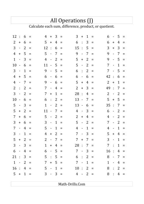 The 100 Horizontal Mixed Operations Questions (Facts 1 to 7) Euro Format (J) Math Worksheet
