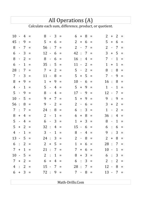 The 100 Horizontal Mixed Operations Questions (Facts 1 to 9) Euro Format (A) Math Worksheet