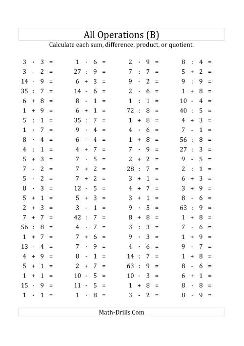 The 100 Horizontal Mixed Operations Questions (Facts 1 to 9) Euro Format (B) Math Worksheet