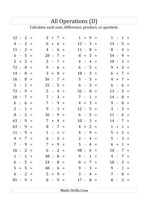 The 100 Horizontal Mixed Operations Questions (Facts 1 to 9) Euro Format (D) Math Worksheet