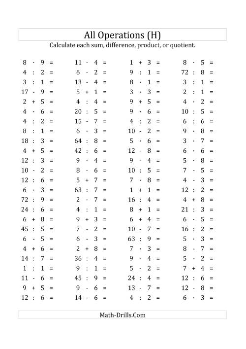 The 100 Horizontal Mixed Operations Questions (Facts 1 to 9) Euro Format (H) Math Worksheet