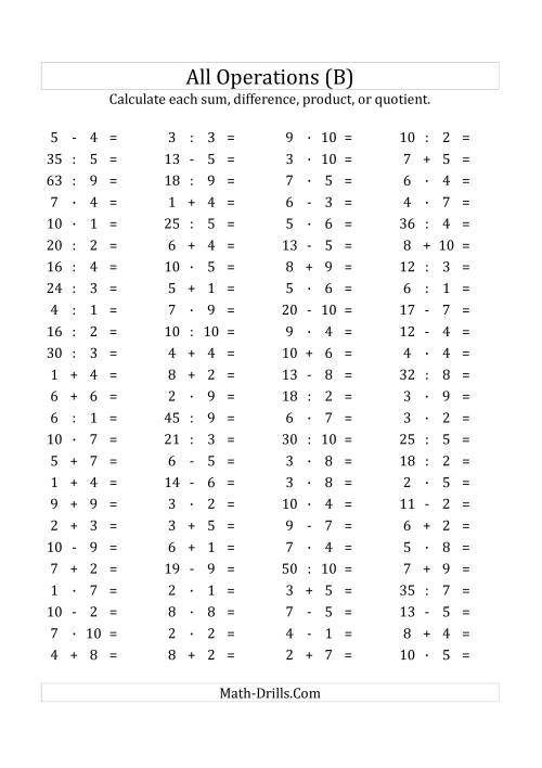 The 100 Horizontal Mixed Operations Questions (Facts 1 to 10) Euro Format (B) Math Worksheet