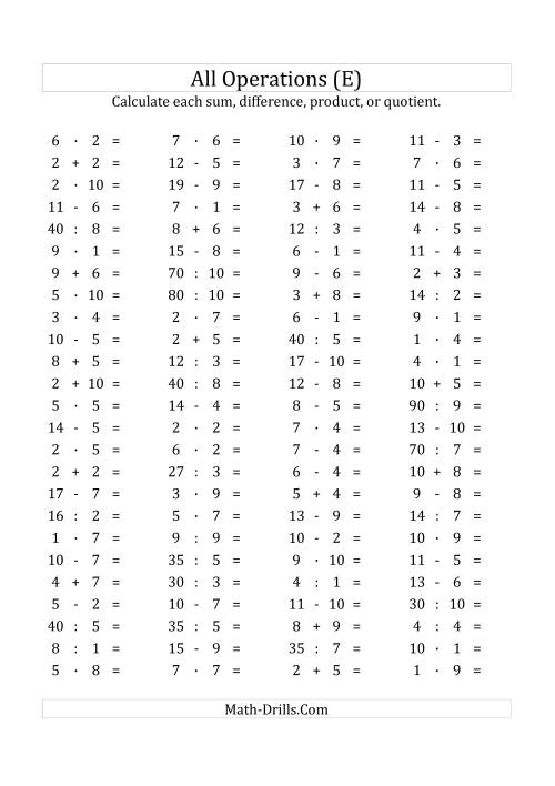 The 100 Horizontal Mixed Operations Questions (Facts 1 to 10) Euro Format (E) Math Worksheet