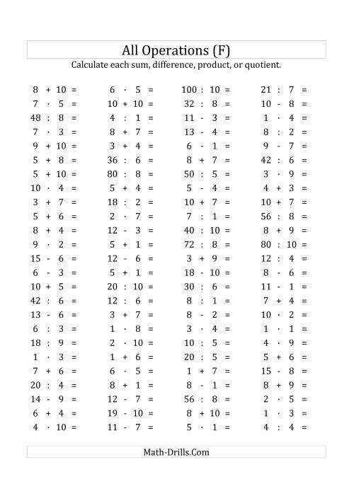 The 100 Horizontal Mixed Operations Questions (Facts 1 to 10) Euro Format (F) Math Worksheet