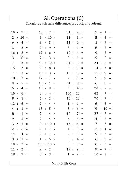The 100 Horizontal Mixed Operations Questions (Facts 1 to 10) Euro Format (G) Math Worksheet