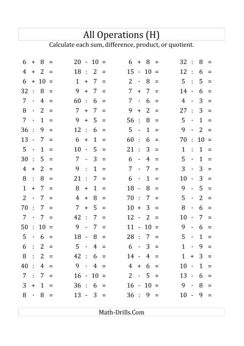 The 100 Horizontal Mixed Operations Questions (Facts 1 to 10) Euro Format (H) Math Worksheet