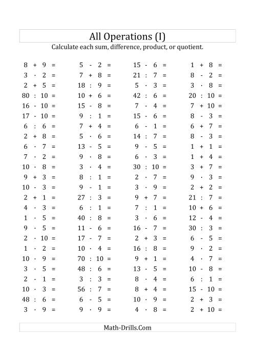 The 100 Horizontal Mixed Operations Questions (Facts 1 to 10) Euro Format (I) Math Worksheet