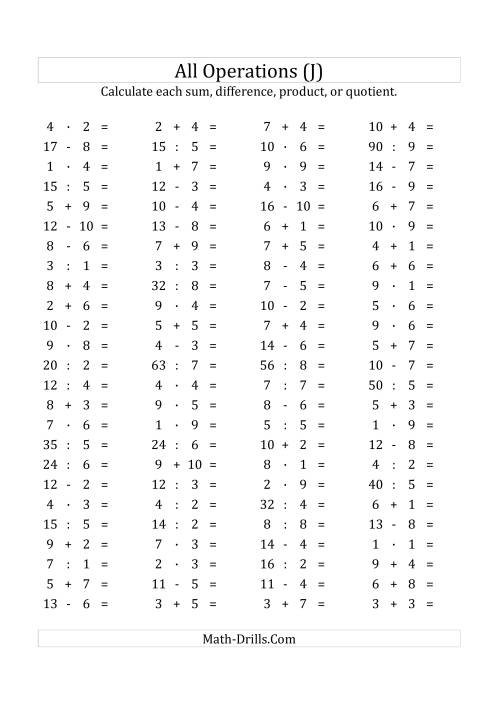 The 100 Horizontal Mixed Operations Questions (Facts 1 to 10) Euro Format (J) Math Worksheet