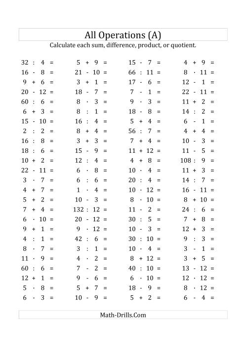 The 100 Horizontal Mixed Operations Questions (Facts 1 to 12) Euro Format (A) Math Worksheet