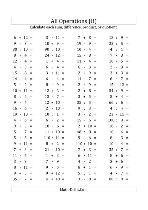 The 100 Horizontal Mixed Operations Questions (Facts 1 to 12) Euro Format (B) Math Worksheet