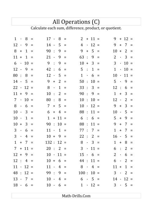 The 100 Horizontal Mixed Operations Questions (Facts 1 to 12) Euro Format (C) Math Worksheet