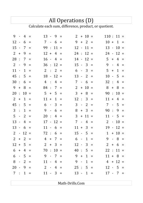 The 100 Horizontal Mixed Operations Questions (Facts 1 to 12) Euro Format (D) Math Worksheet
