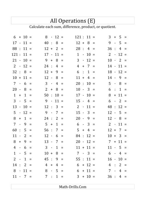 The 100 Horizontal Mixed Operations Questions (Facts 1 to 12) Euro Format (E) Math Worksheet