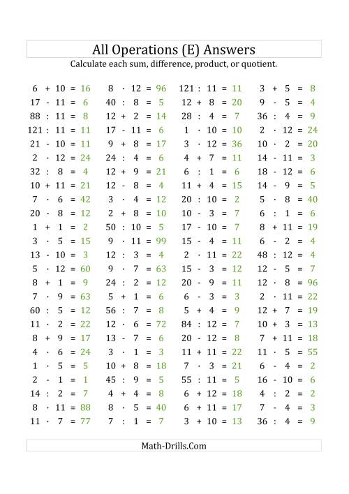 The 100 Horizontal Mixed Operations Questions (Facts 1 to 12) Euro Format (E) Math Worksheet Page 2