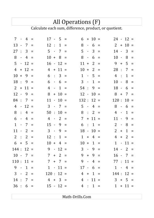 The 100 Horizontal Mixed Operations Questions (Facts 1 to 12) Euro Format (F) Math Worksheet