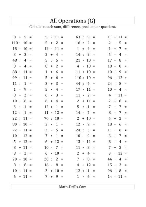 The 100 Horizontal Mixed Operations Questions (Facts 1 to 12) Euro Format (G) Math Worksheet