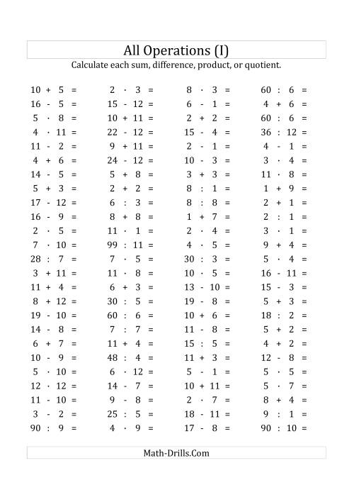 The 100 Horizontal Mixed Operations Questions (Facts 1 to 12) Euro Format (I) Math Worksheet