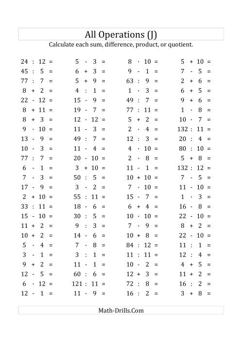 The 100 Horizontal Mixed Operations Questions (Facts 1 to 12) Euro Format (J) Math Worksheet
