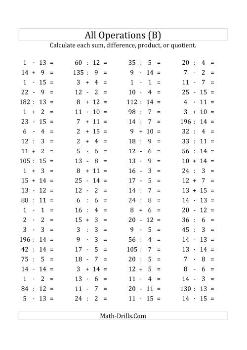 The 100 Horizontal Mixed Operations Questions (Facts 1 to 15) Euro Format (B) Math Worksheet
