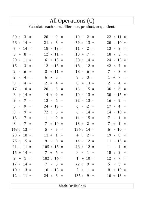 The 100 Horizontal Mixed Operations Questions (Facts 1 to 15) Euro Format (C) Math Worksheet