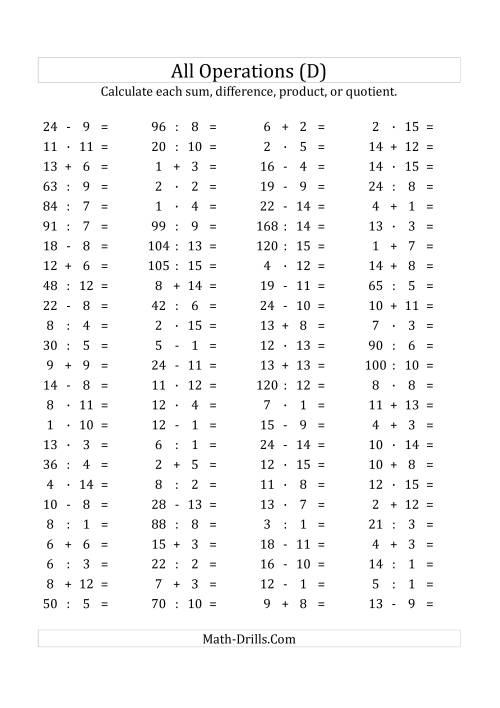 The 100 Horizontal Mixed Operations Questions (Facts 1 to 15) Euro Format (D) Math Worksheet