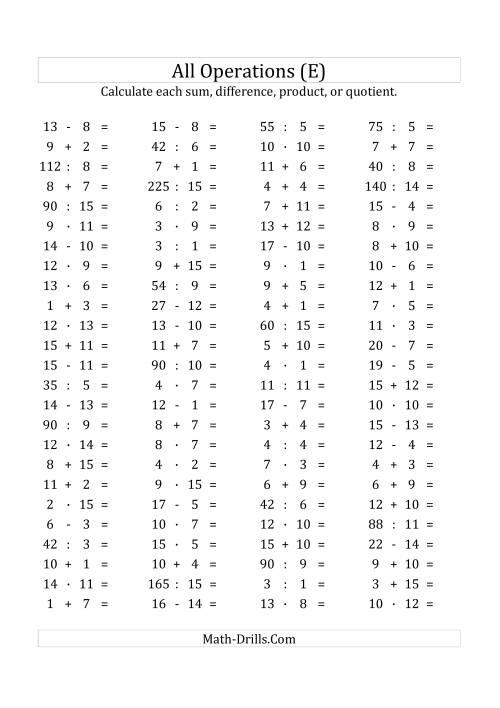 The 100 Horizontal Mixed Operations Questions (Facts 1 to 15) Euro Format (E) Math Worksheet