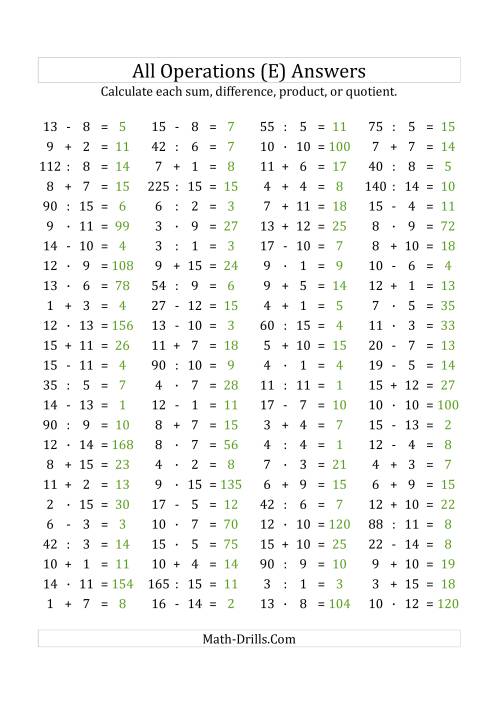 The 100 Horizontal Mixed Operations Questions (Facts 1 to 15) Euro Format (E) Math Worksheet Page 2
