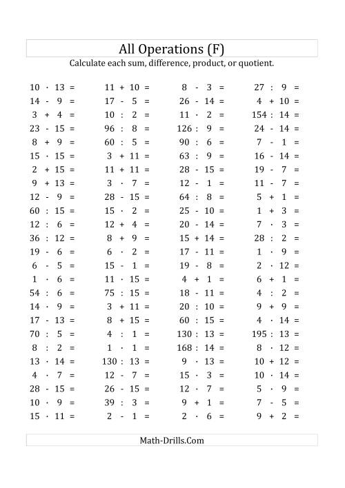 The 100 Horizontal Mixed Operations Questions (Facts 1 to 15) Euro Format (F) Math Worksheet