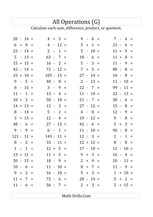 The 100 Horizontal Mixed Operations Questions (Facts 1 to 15) Euro Format (G) Math Worksheet