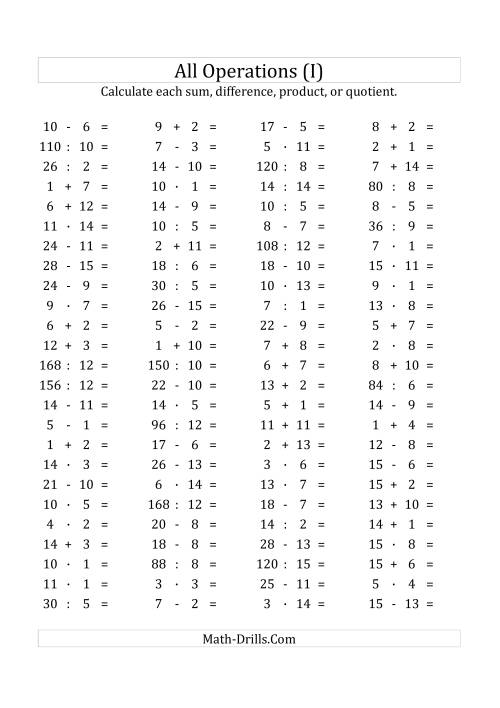 The 100 Horizontal Mixed Operations Questions (Facts 1 to 15) Euro Format (I) Math Worksheet