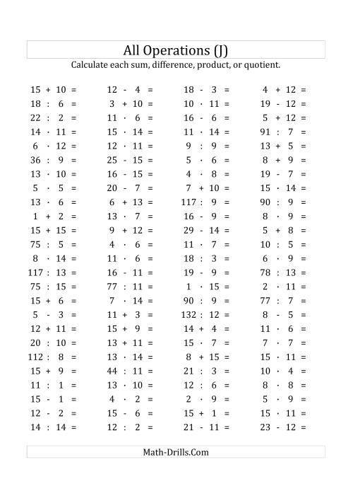 The 100 Horizontal Mixed Operations Questions (Facts 1 to 15) Euro Format (J) Math Worksheet