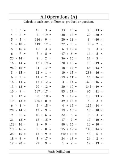 The 100 Horizontal Mixed Operations Questions (Facts 1 to 20) Euro Format (A) Math Worksheet