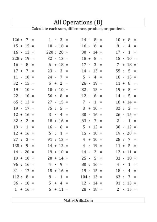 The 100 Horizontal Mixed Operations Questions (Facts 1 to 20) Euro Format (B) Math Worksheet