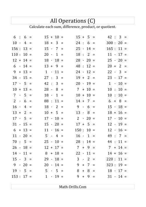 The 100 Horizontal Mixed Operations Questions (Facts 1 to 20) Euro Format (C) Math Worksheet