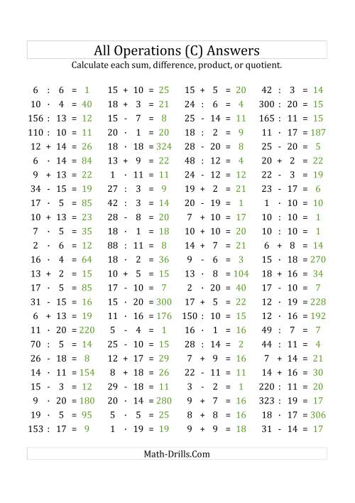The 100 Horizontal Mixed Operations Questions (Facts 1 to 20) Euro Format (C) Math Worksheet Page 2